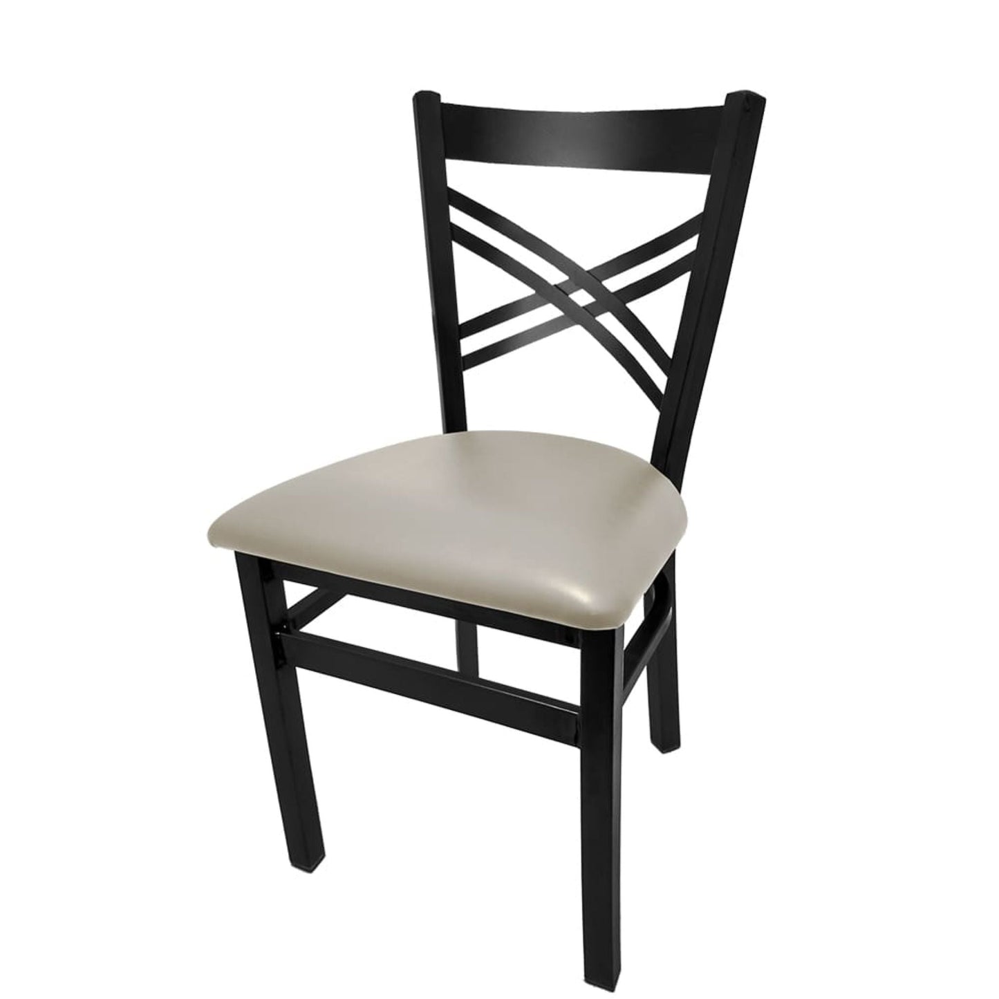 Crossback steel dining chair with black powder-coat frame and dove gray vinyl seat.
