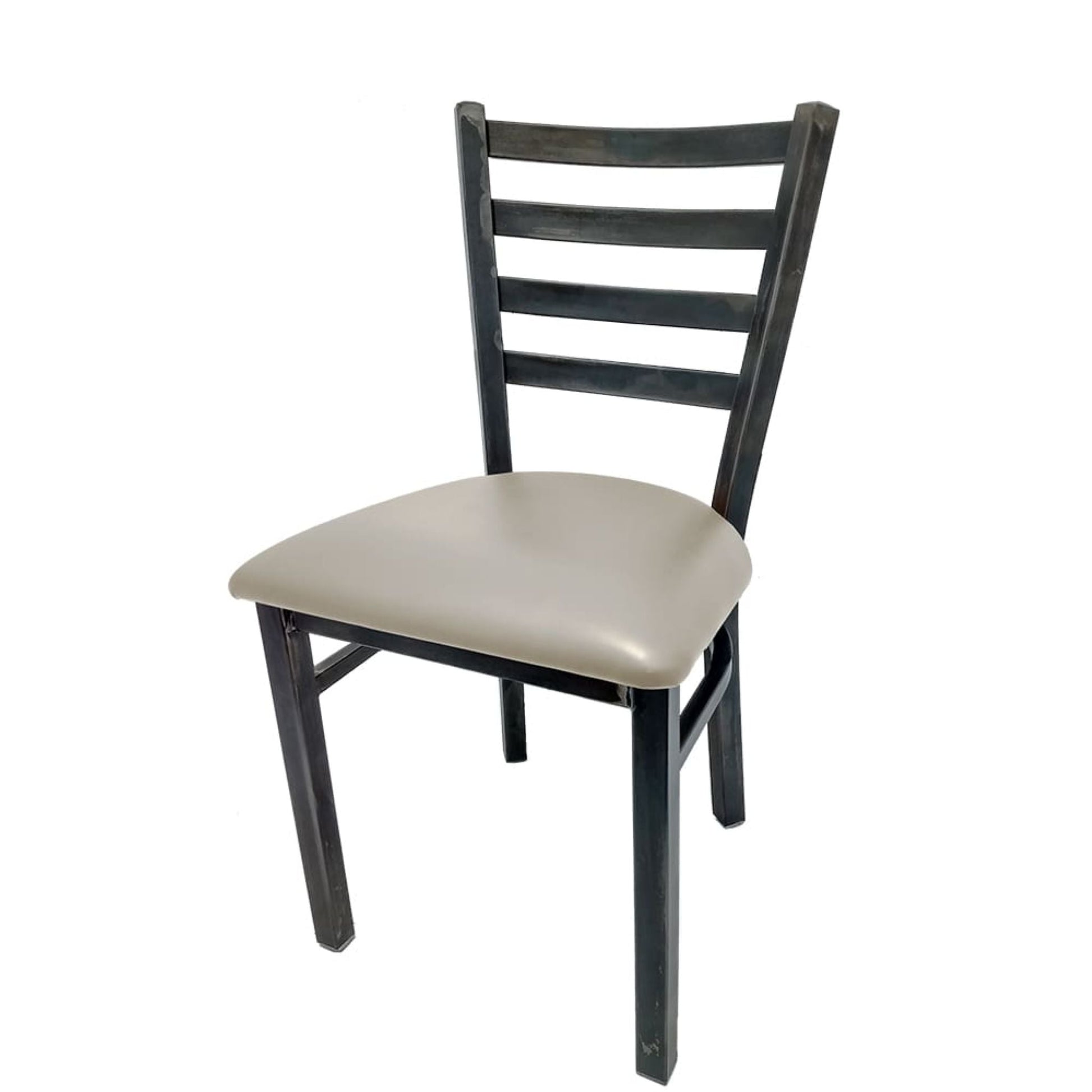 Rustic ladderback metal dining chair with clear coat steel frame and dove gray vinyl seat.