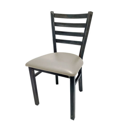 Rustic ladderback metal dining chair with clear coat steel frame and dove gray vinyl seat.