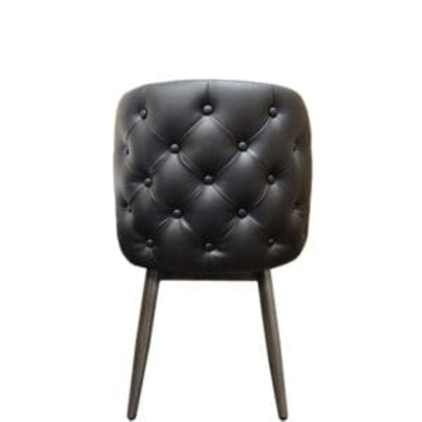 Back view Amata chair with tufted black vinyl bucket seat and faux driftwood woodgrain metal frame.