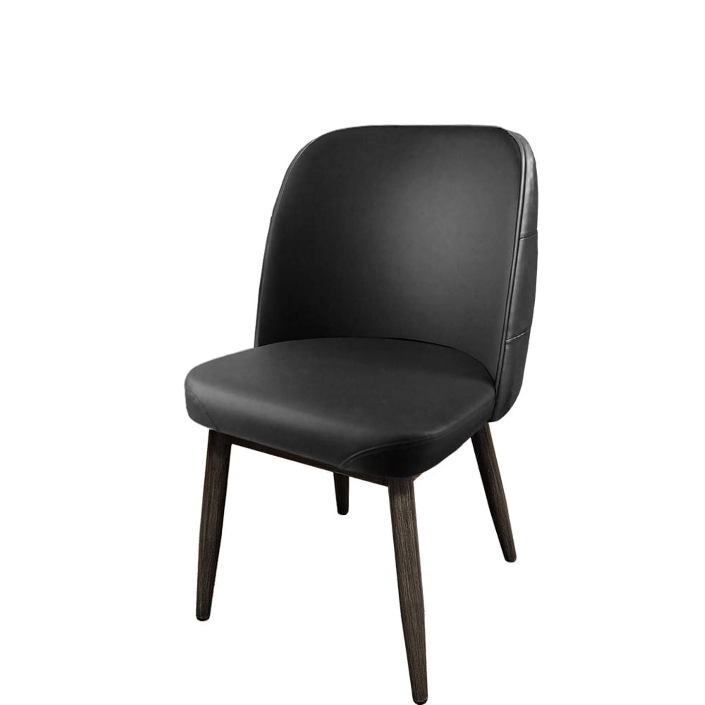 Front view Amata chair with tufted black vinyl bucket seat and faux driftwood woodgrain metal frame.