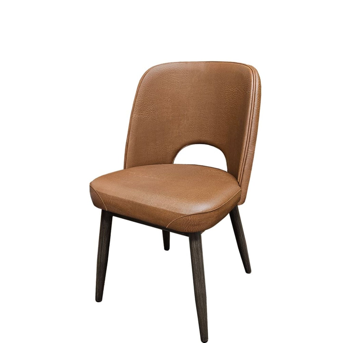 Amata chair with driftwood faux woodgrain metal frame and buckskin vinyl cutout bucket seat.