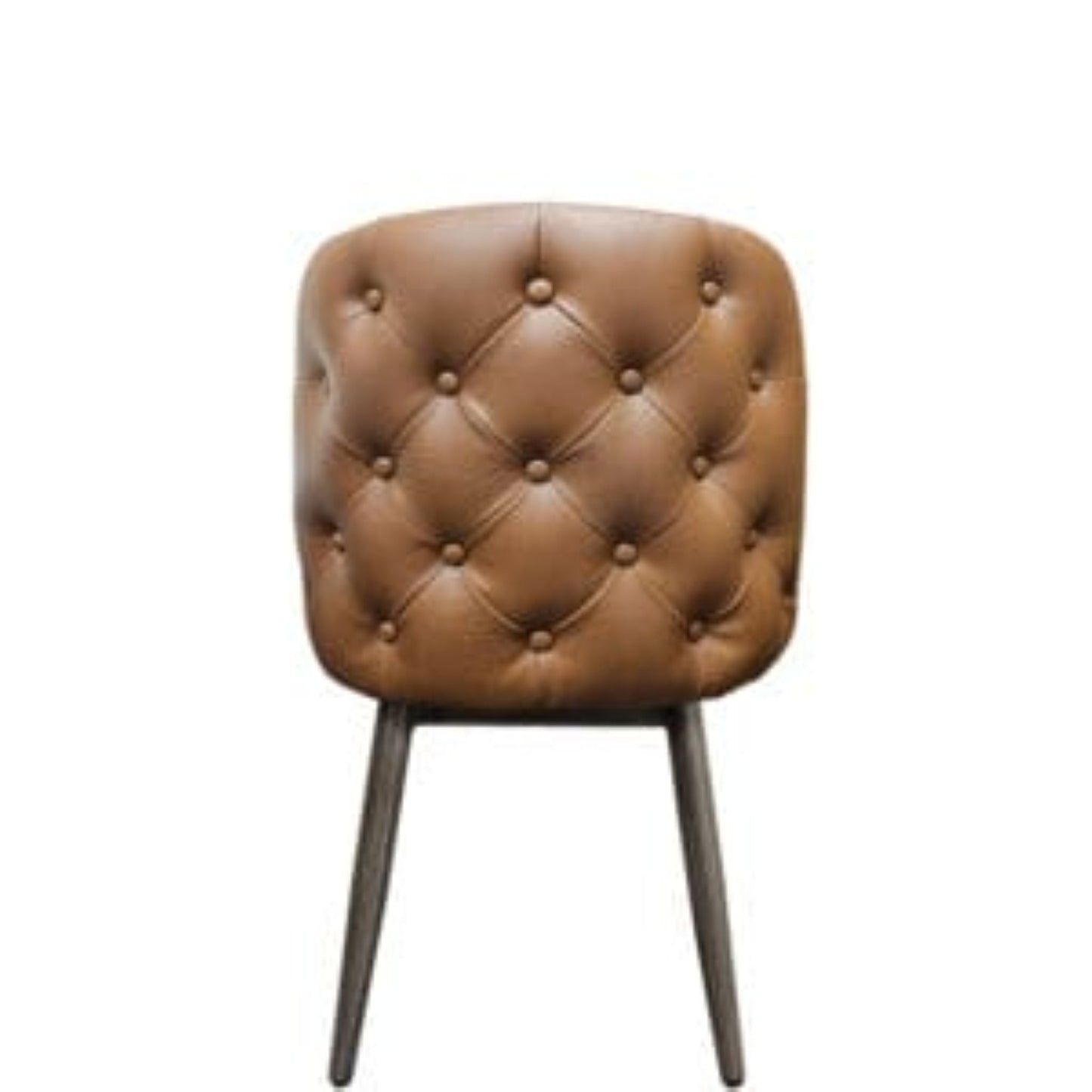 Back view Amata chair with tufted buckskin vinyl bucket seat and faux driftwood woodgrain metal frame.
