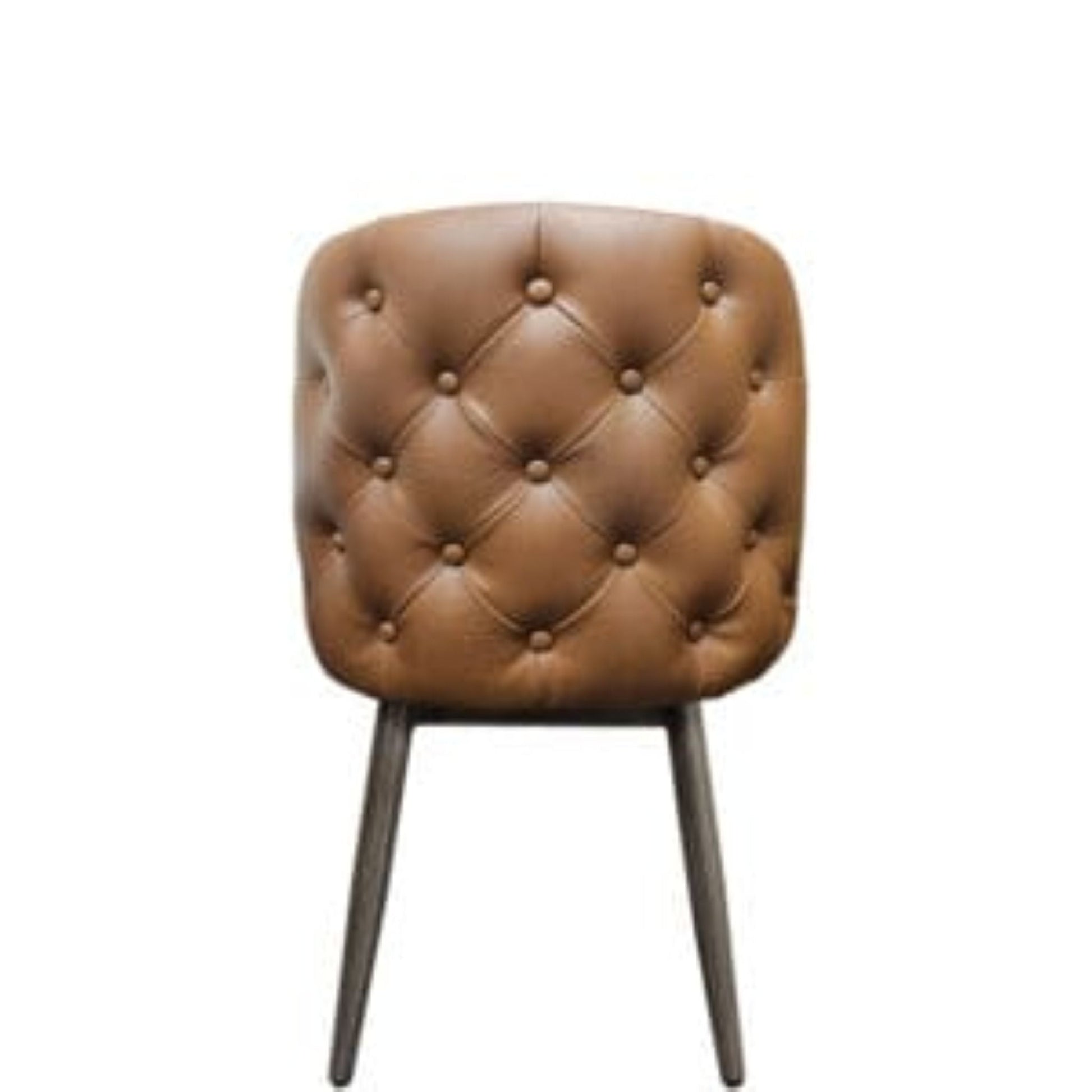 Back view Amata chair with tufted buckskin vinyl bucket seat and faux driftwood woodgrain metal frame.