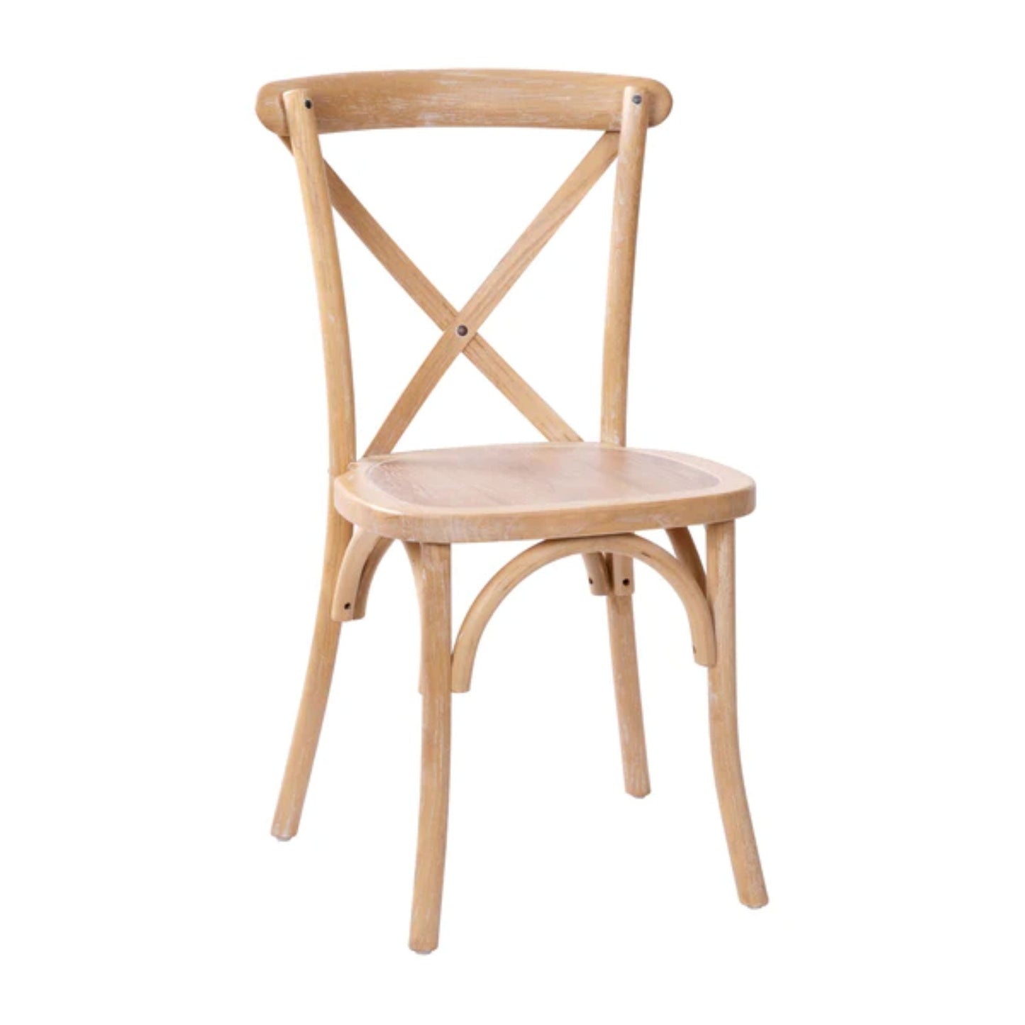 Elm wood X-Back chair in driftwood finish featuring light weathered appearance.