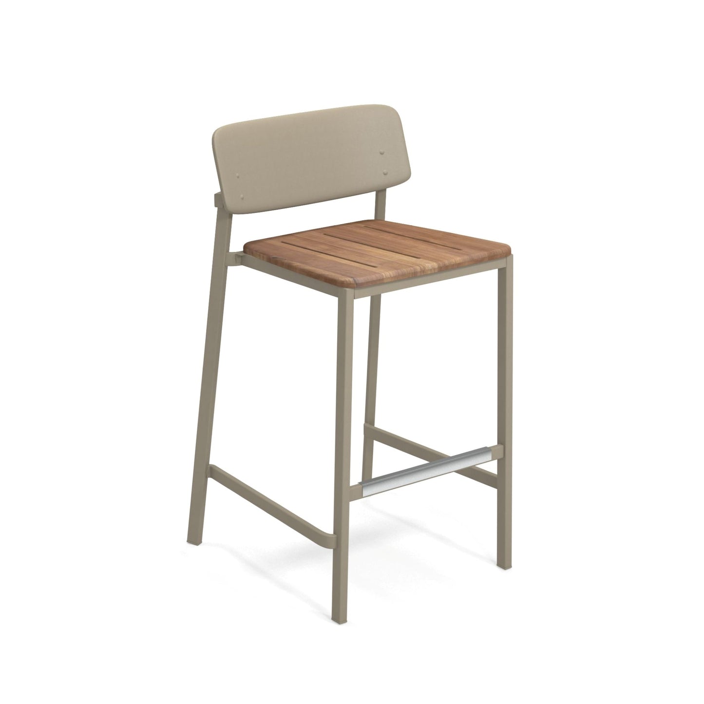 Taupe Emu Shine Bar E253T aluminum barstool with teak seat and back