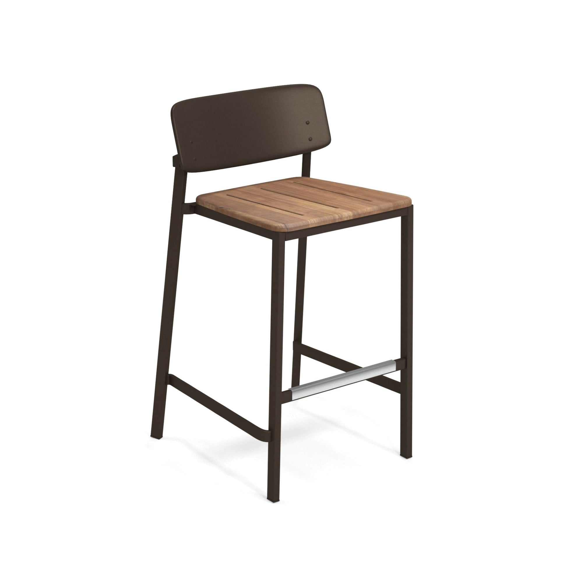 Bronze Emu Shine Bar E253T barstool with aluminum frame and teak seat/back panels