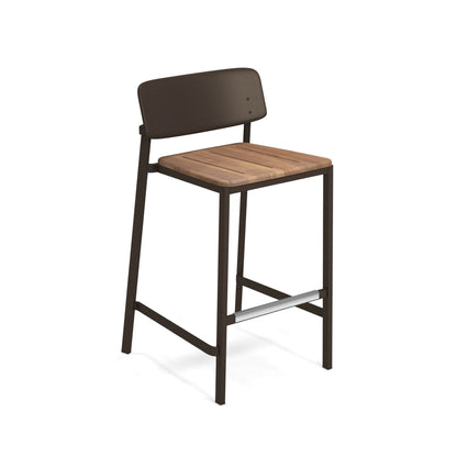 Bronze Emu Shine Bar E253T barstool with aluminum frame and teak seat/back panels