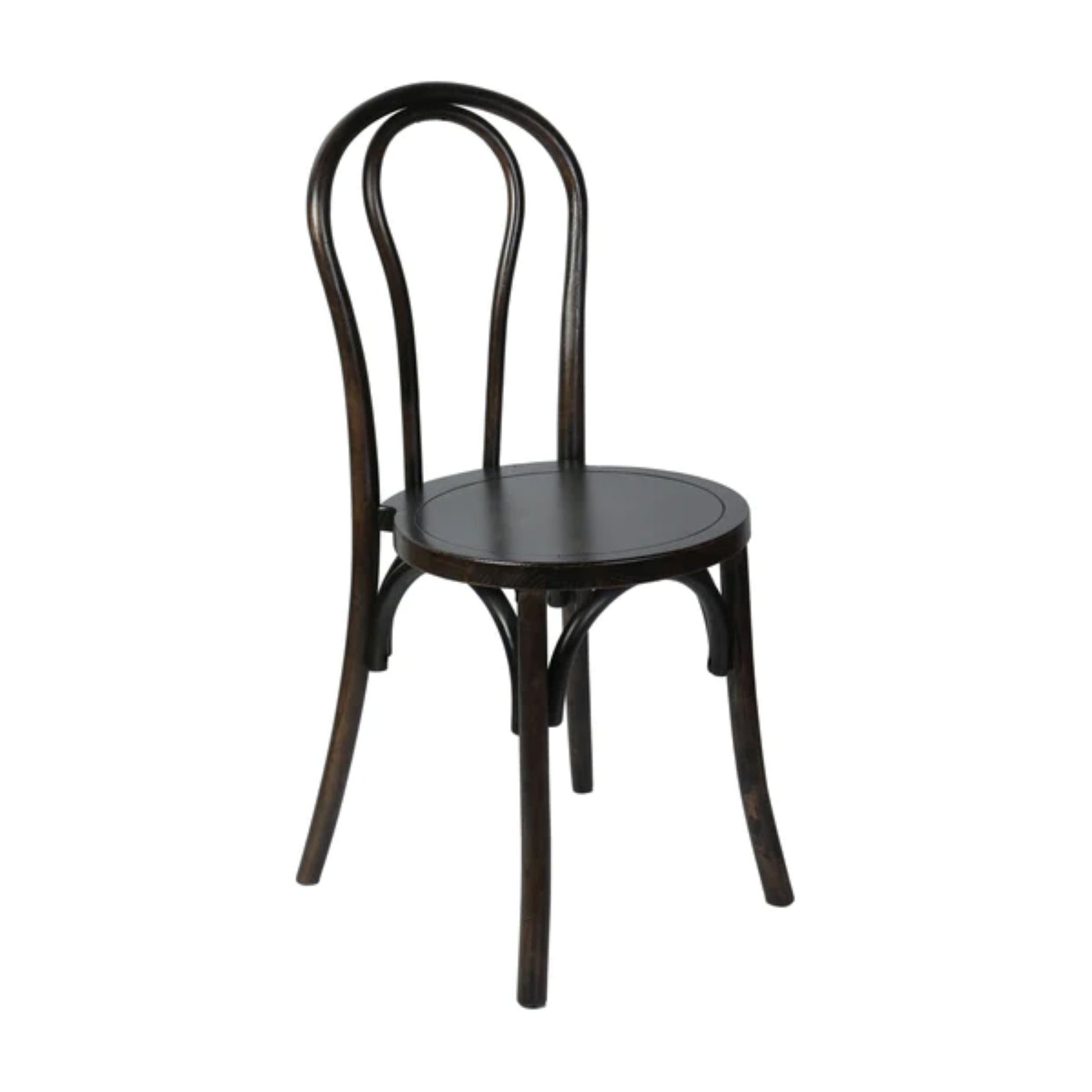Thonet-style solid wood stackable dining chair in Early American finish with curved back and decorative detailing