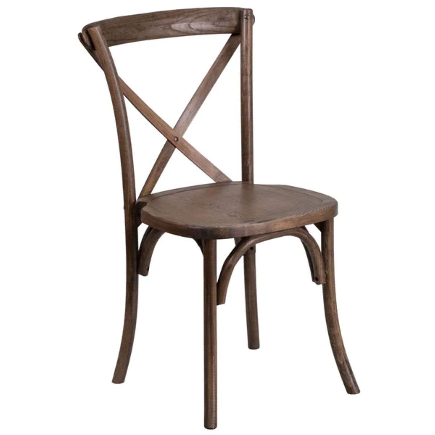 Stackable ash wood cross back chair in early American wood finish with vintage look.