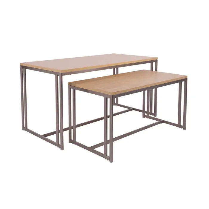 Front view of a retro nesting table with a satin nickel rectangular steel frame and hard rock maple melamine top, designed for retail product displays.