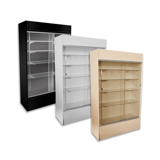 Economy Wall Display Cases shown in three finish options—black, maple, and white—each with sliding glass doors, multiple glass shelves, and tall vertical cabinet design for restaurant or bar retail displays.
