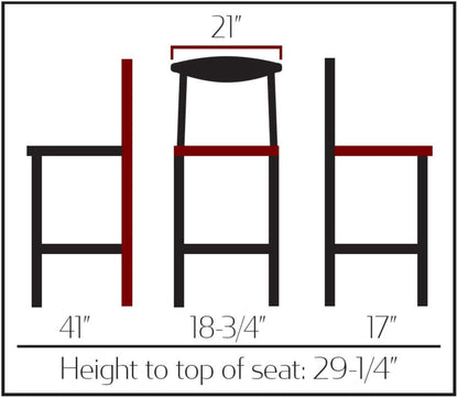 Natural clear coat faux wood grain metal barstool with black vinyl seat and non-marring glides with dimensions
