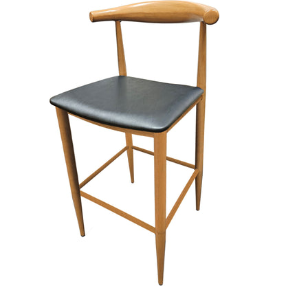 Elbow barstool with faux wood natural clear coat metal frame and black vinyl seat