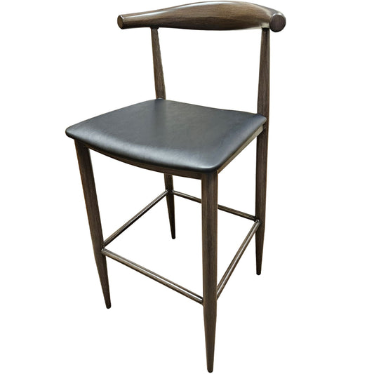 Elbow barstool with faux wood driftwood metal frame and black vinyl seat