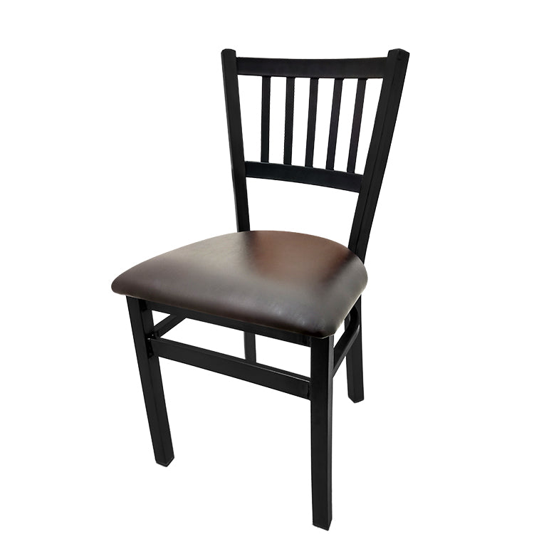 Dining chair with wood frame and espresso vinyl seat.