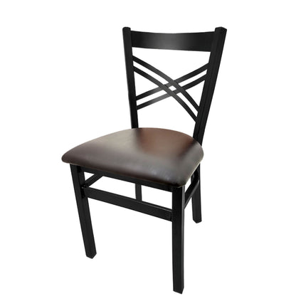 Crossback steel dining chair with black powder-coat frame and espresso vinyl seat.