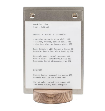 4" X 6" Signholder<br>
Extremely durable and attractive.
Stainless steel clipboard / Ash wood base + Walnut stain.<br>
Easy to make daily menu changes!<br>
The cafe menu holds the paper menu on the golden clip.<br>
$27.00 ea.