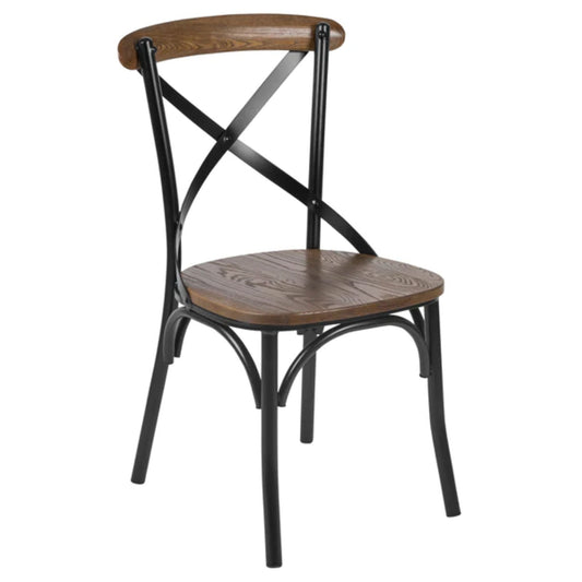 Rustic X-back dining chair with metal bracing, steel frame, and solid ash wood seat and back accents