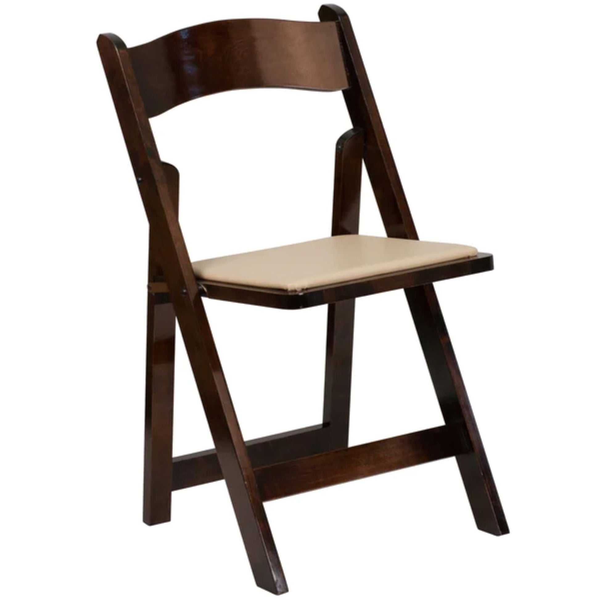 Front view of fruitwood folding chair with vinyl padded seat