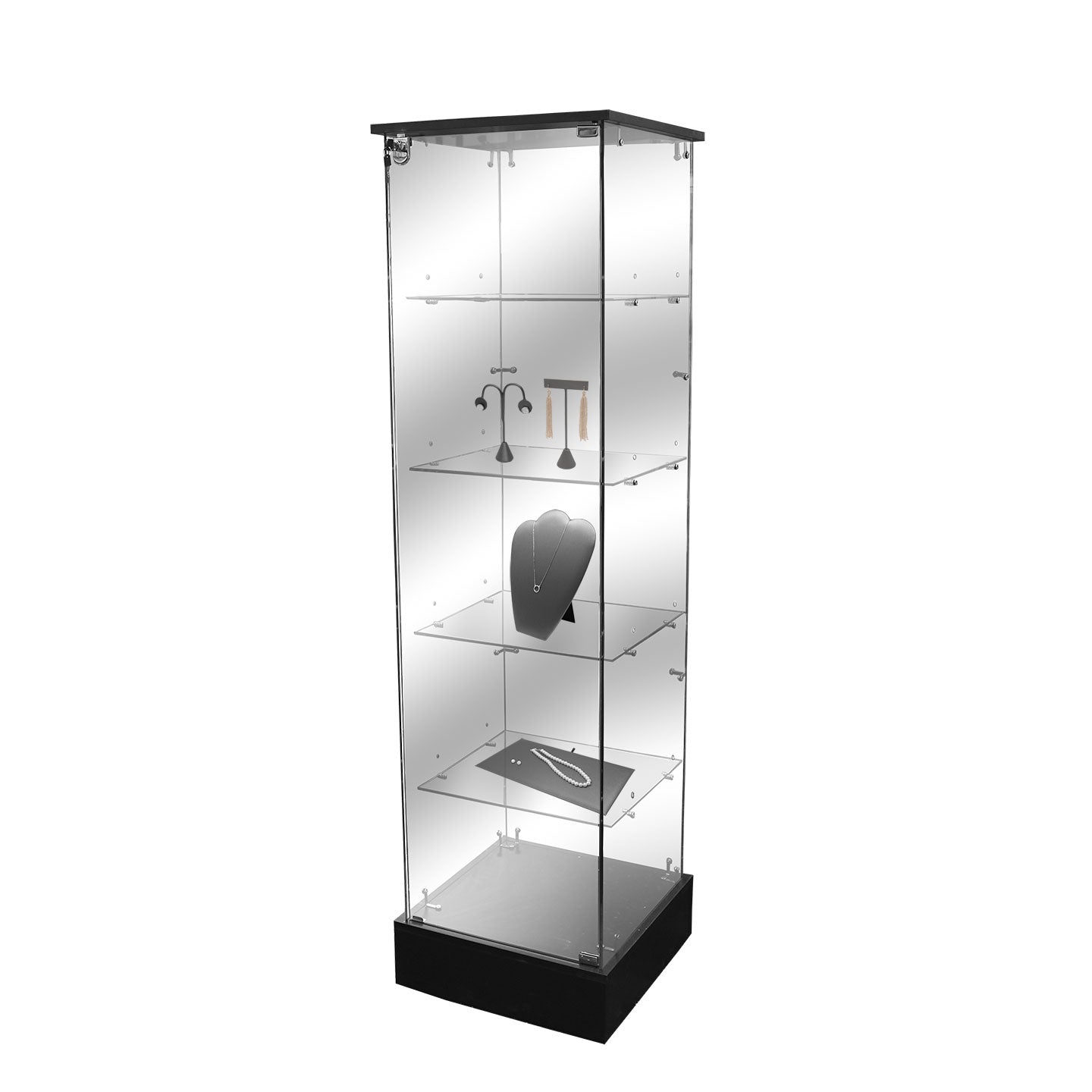 Frameless square glass tower display case with four glass shelves, locking hinged glass door, and black base