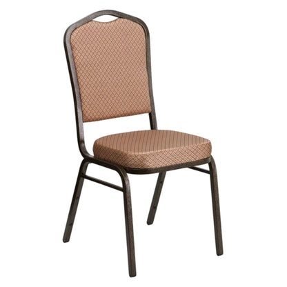 Crown back banquet chair with gold diamond patterned fabric upholstery and a gold steel frame.