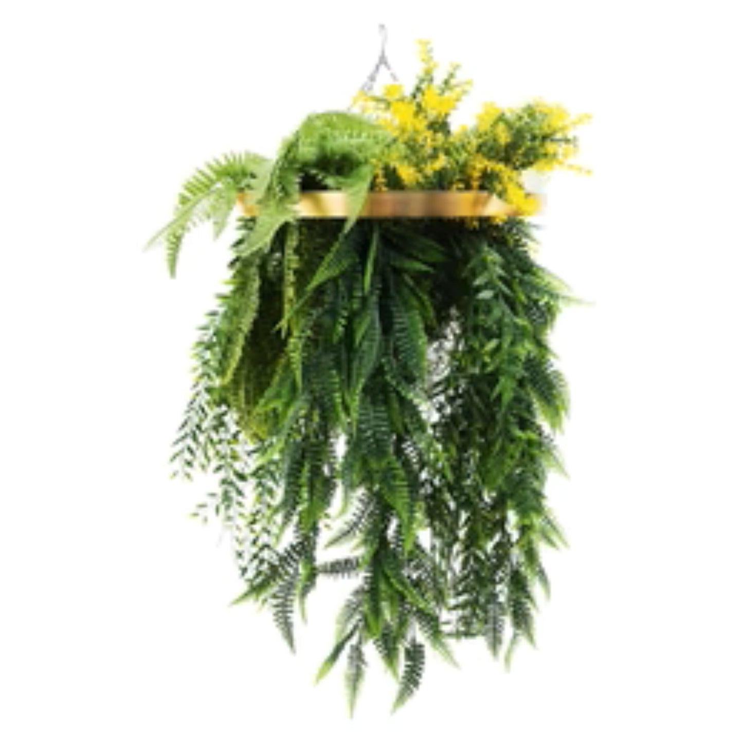 gold framed hanging disc with bright tropical greenery