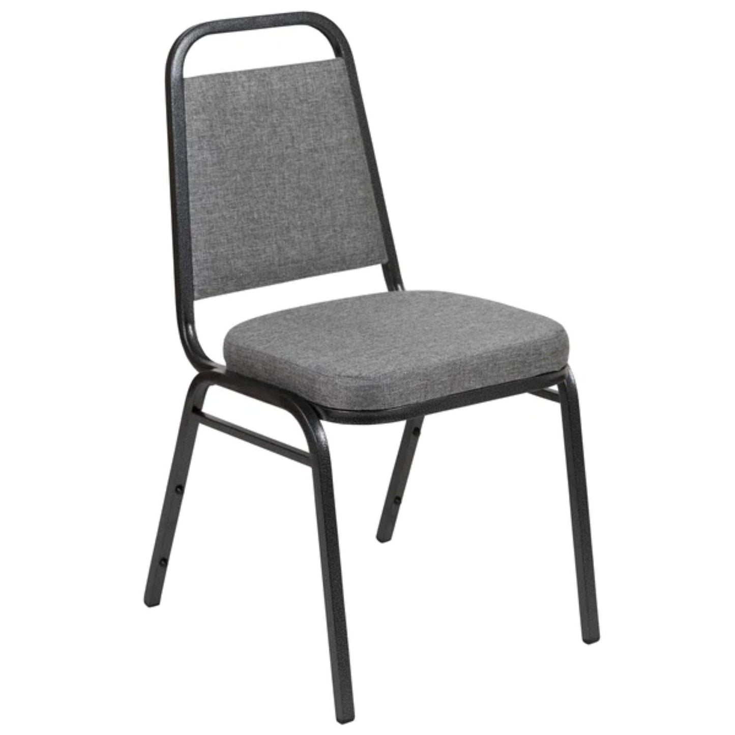 Banquet chair with trapezoidal back, gray fabric upholstery, and silver steel frame