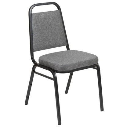 Banquet chair with trapezoidal back, gray fabric upholstery, and silver steel frame