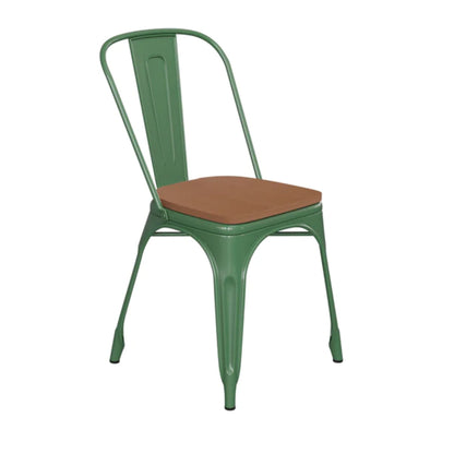 Green powder-coated stackable chair with teak-style polystyrene seat for restaurant, patio, or kitchen seating.