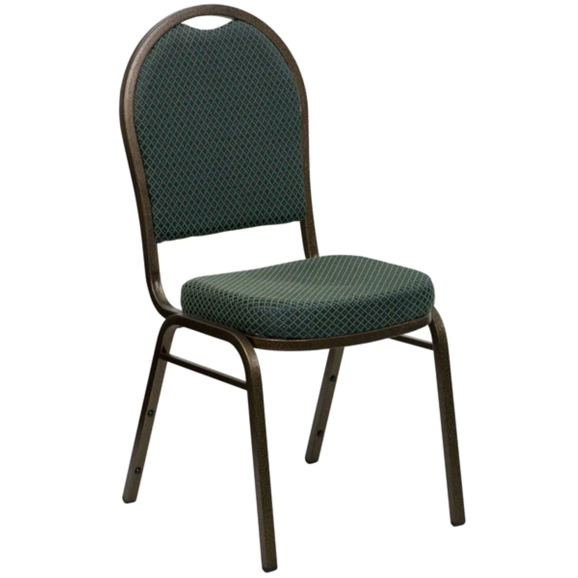 Dome back stacking banquet chair with green patterned fabric and gold steel frame, front view