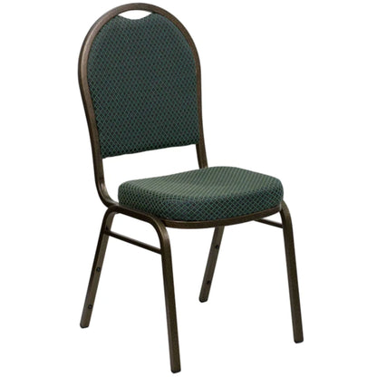 Dome back stacking banquet chair with green patterned fabric and gold steel frame, front view