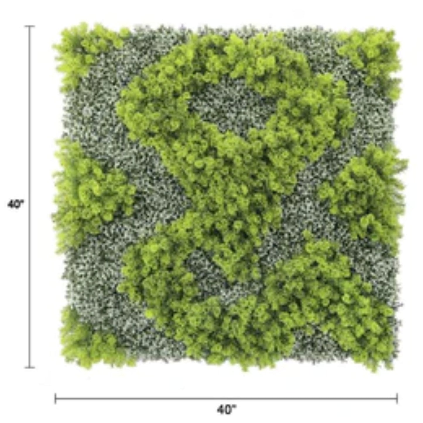 natural green and white artificial moss wall panel measuring 40 by 40 inches with dimensions