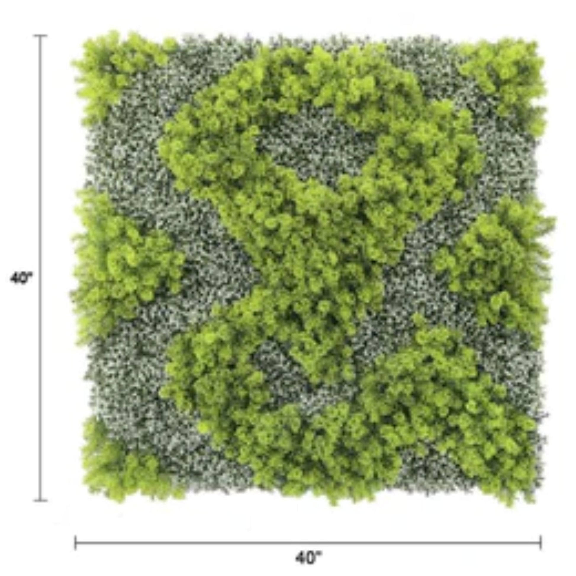 natural green and white artificial moss wall panel measuring 40 by 40 inches with dimensions