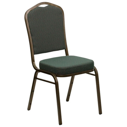 Crown back banquet chair with green patterned fabric upholstery and a gold frame.
