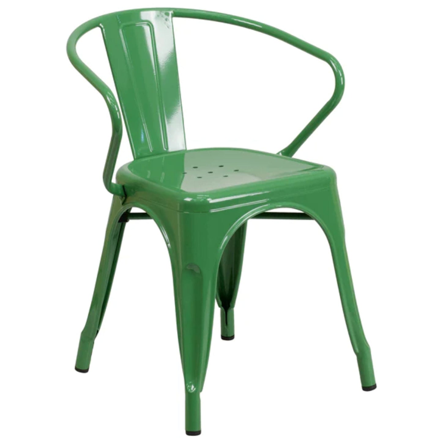 Green metal indoor-outdoor arm chair with vertical slat back and stackable bistro-style frame.