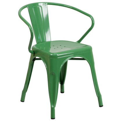 Green metal indoor-outdoor arm chair with vertical slat back and stackable bistro-style frame.