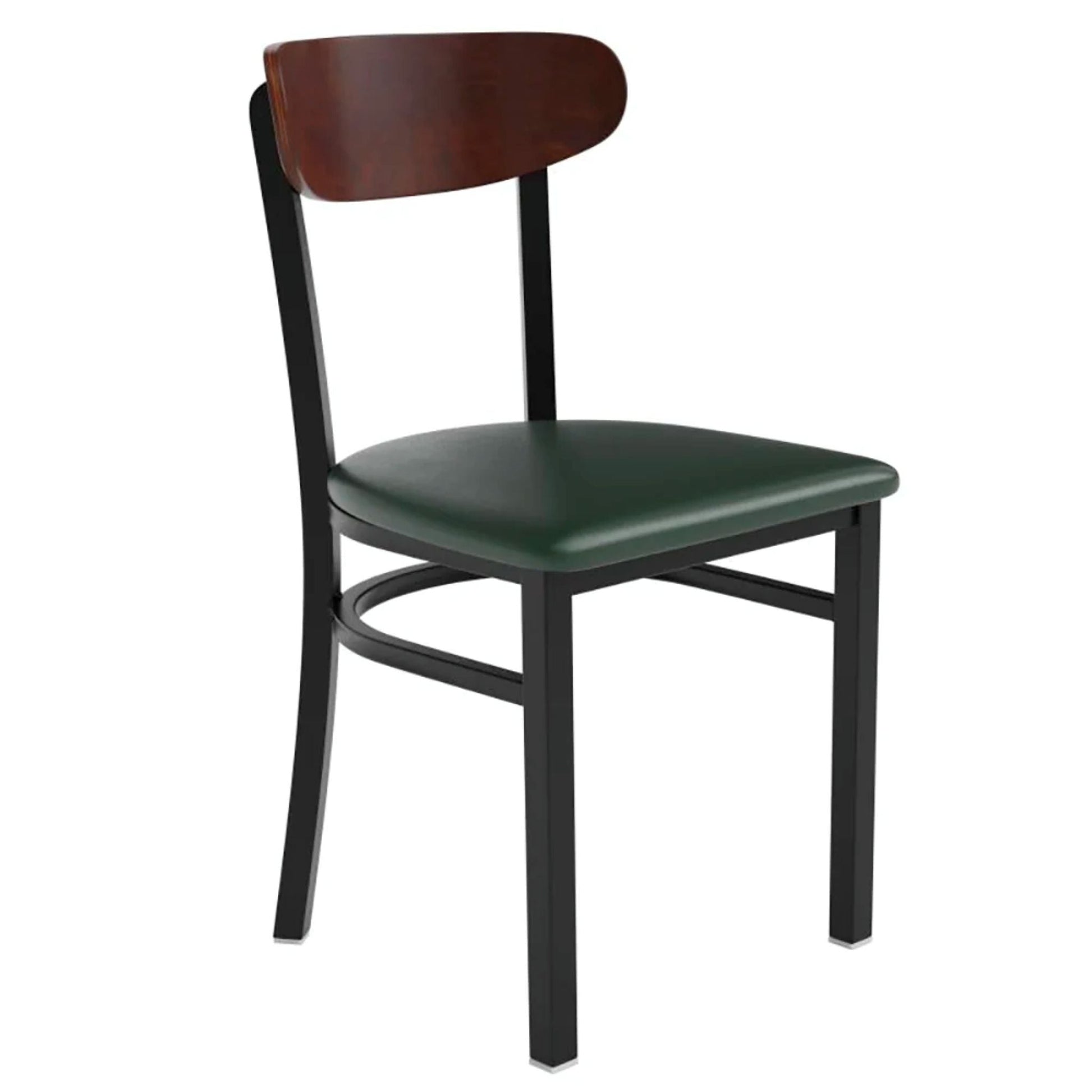 Dining chair with solid back, black steel frame, walnut wood backrest, and green vinyl seat shown from the front.