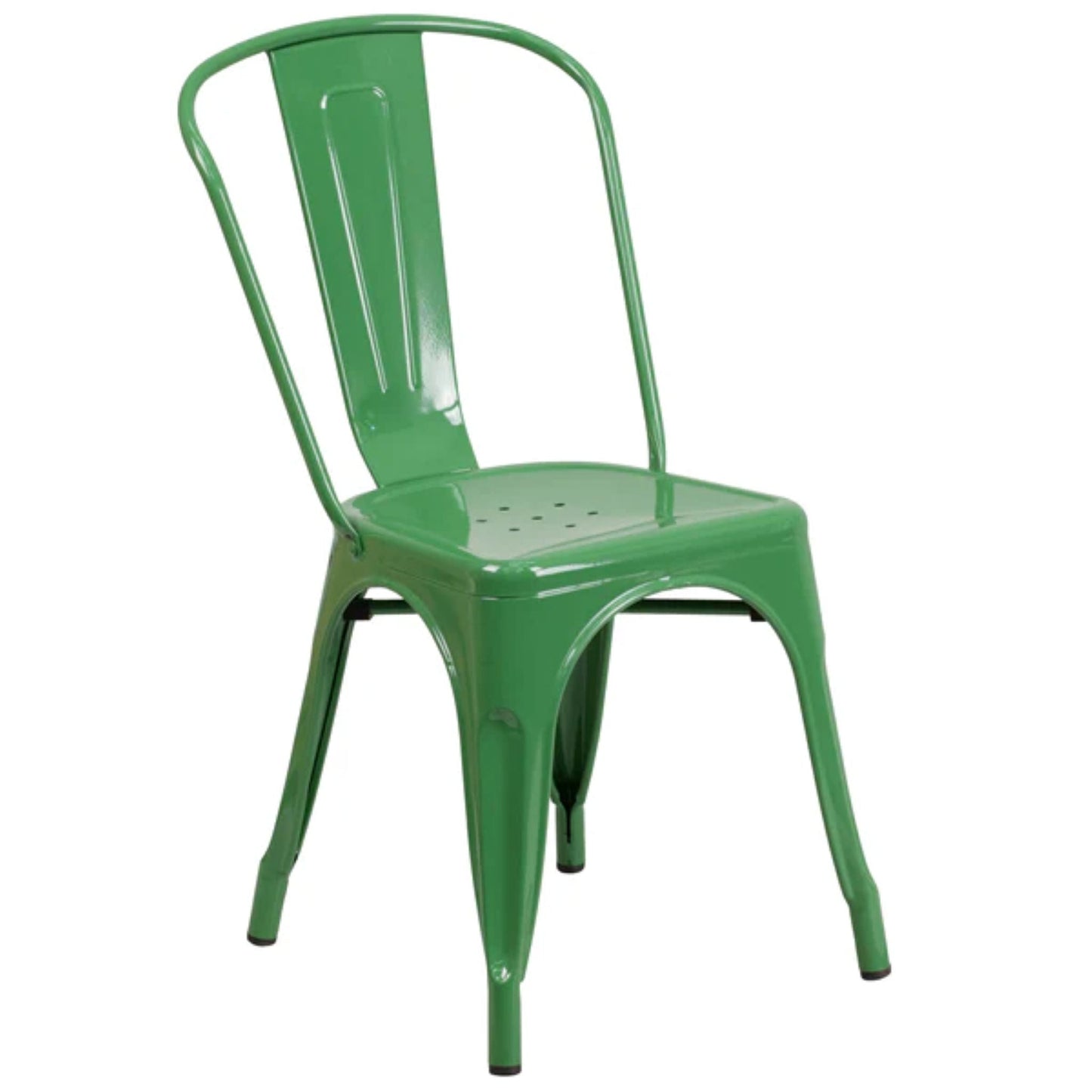 Green metal stackable bistro chair for indoor and outdoor use with powder-coated finish.