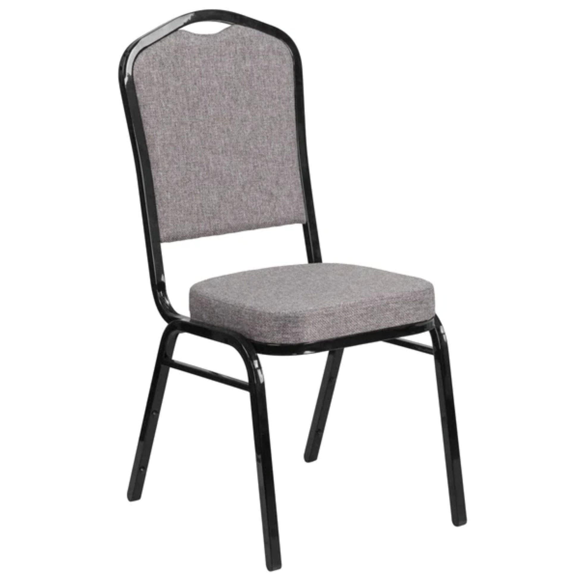 Crown back banquet chair with gray fabric upholstery and a black steel frame.

