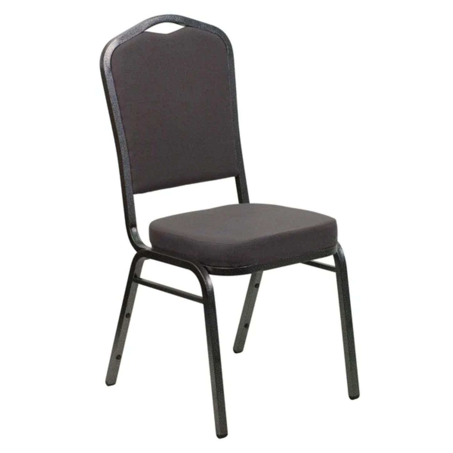 Crown back banquet chair with gray fabric upholstery and a silver steel frame.