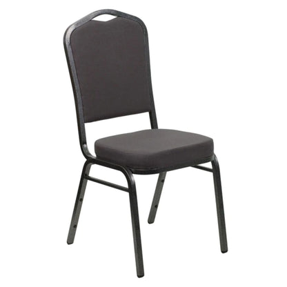 Crown back banquet chair with gray fabric upholstery and a silver steel frame.