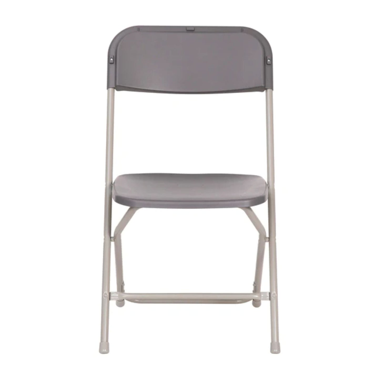 Front view of grey extra wide big and tall folding chair with textured seat and strong steel frame rated for 650 lbs.