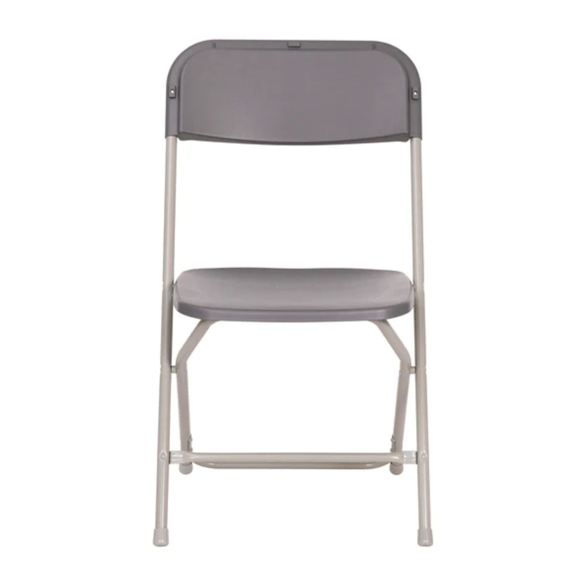 Front view of grey extra wide big and tall folding chair with textured seat and strong steel frame rated for 650 lbs.