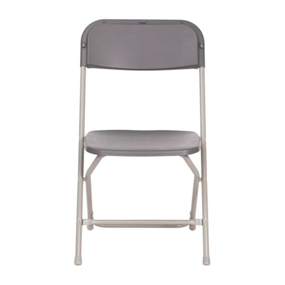 Front view of grey extra wide big and tall folding chair with textured seat and strong steel frame rated for 650 lbs.