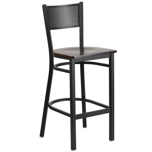 Restaurant grid back barstool with walnut wood seat and black powder-coated frame