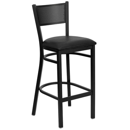Restaurant grid back barstool with black vinyl seat and black powder-coated frame