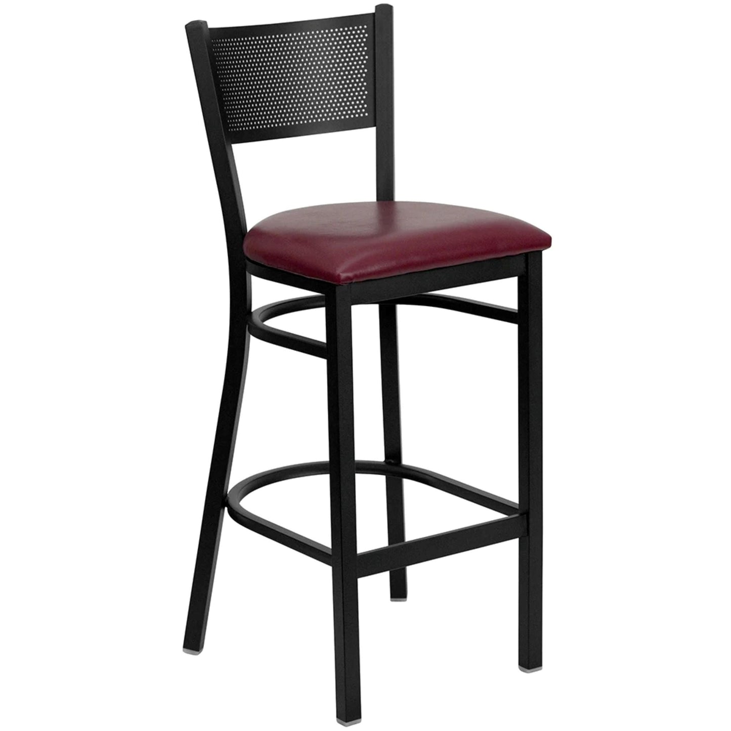 Restaurant grid back barstool with burgundy vinyl seat and black powder-coated frame