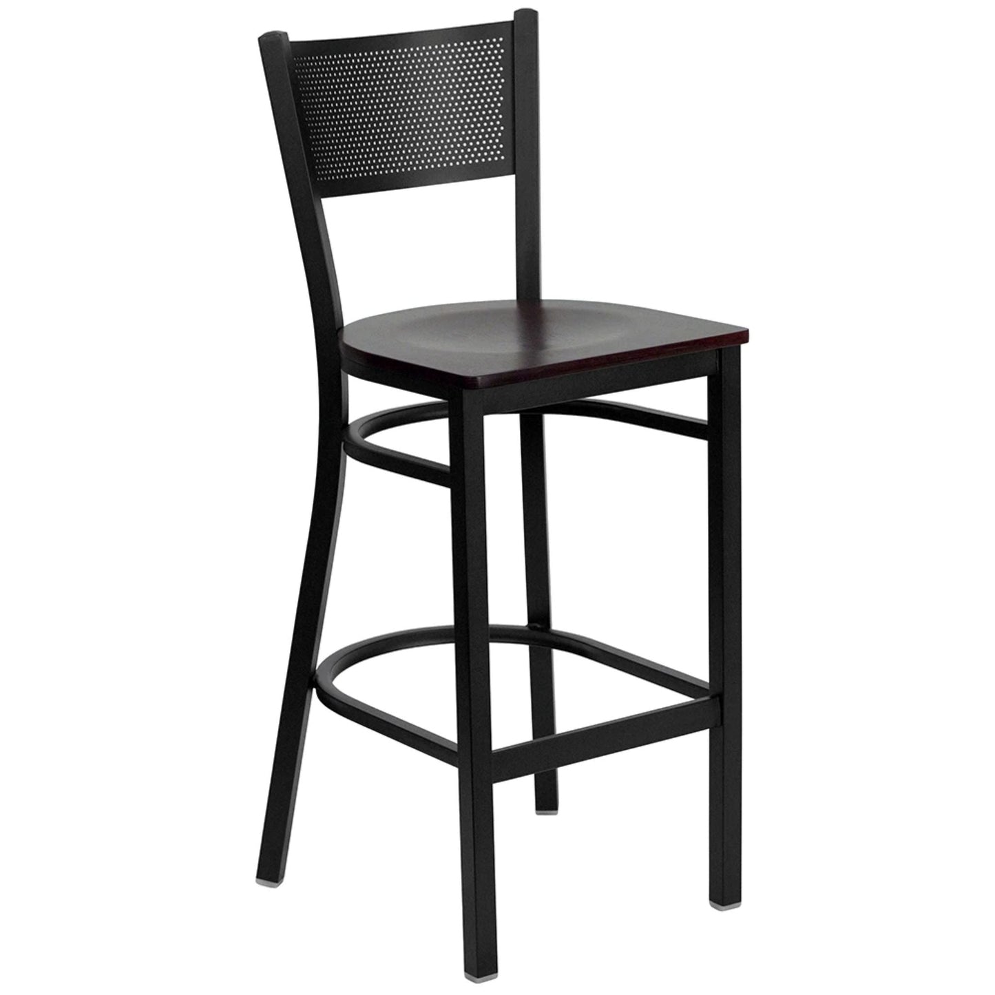 Restaurant grid back barstool with mahogany wood seat and black powder-coated frame