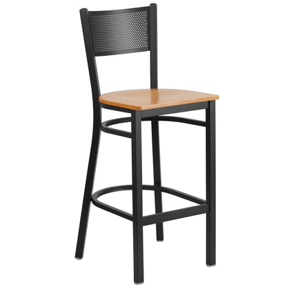 Restaurant grid back barstool with natural wood seat and black powder-coated frame